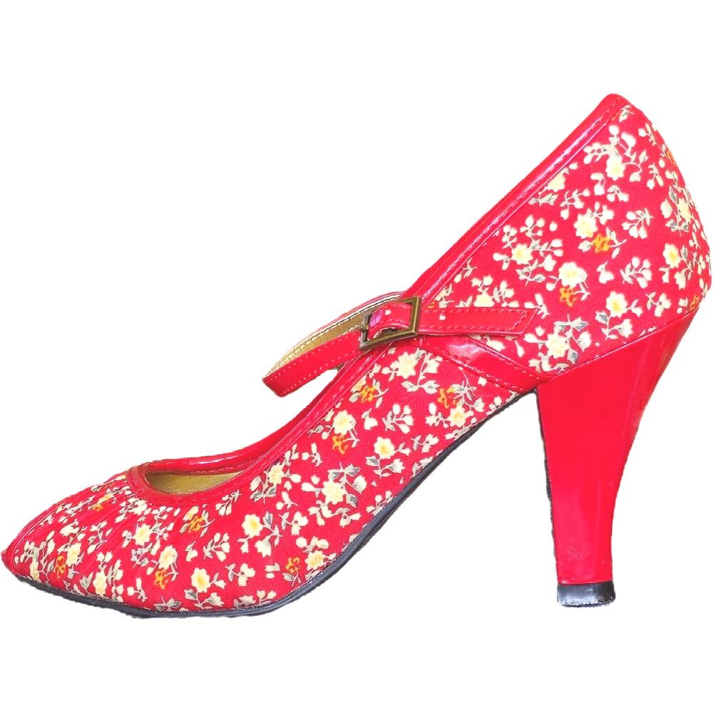 Madden Girl Mollyyy Red Ditsy Floral Print Fabric Retro Peep Toe Pumps Heels 7